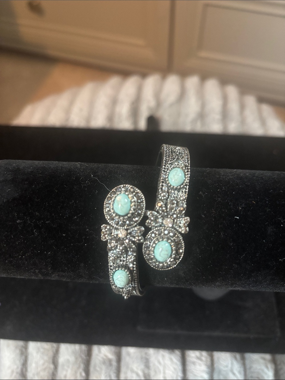 Turquoise Stone Filigree Cuff Bracelet with spring action opening.